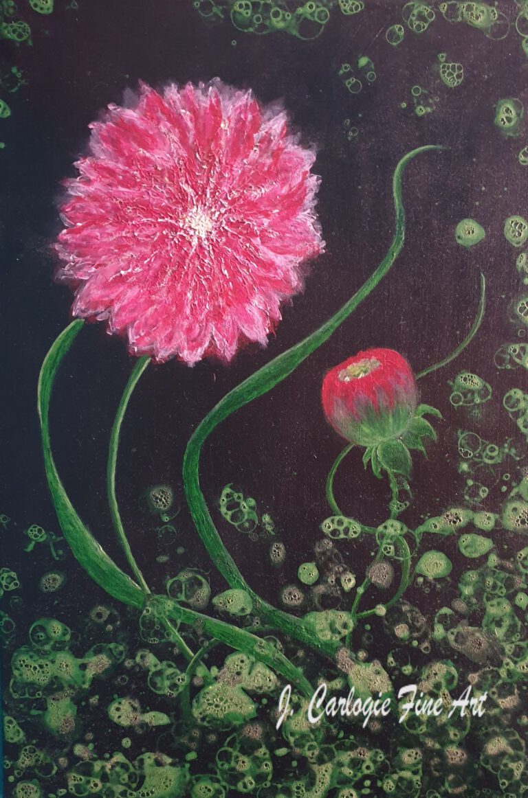 Wasserlilien als abstrakte Blüten unter Wasser in Acryl gemalt