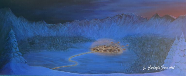 Winterlandschaft, ein verschneites Tal umgeben von hohen Bergen, die letzten Sonnenstrahlen sind am Himmel sichtbar, die Häuser sind golden beleuchtet. Szenerie in Acryl