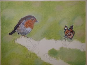 Detailarbeit an Schmetterling und Rotkehlchen