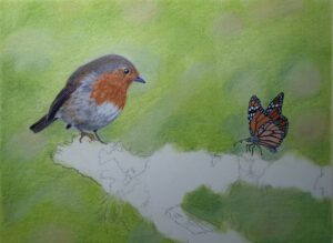weitere Detailarbeit an Schmetterling und Rotkehlchen